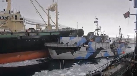 The Japanese whaling vessel, the Nisshin Maru, rams the Sea Shepherd ship Steve Irwin