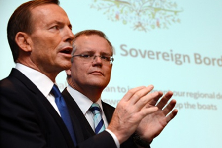 Tony Abbott and shadow immigration minister Scott Morrison announcing the Coalition's asylum seekers policy 'Operation Sovereign Borders'