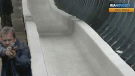 Russian TV news footage shows Jack protecting the luge from terrorist threats